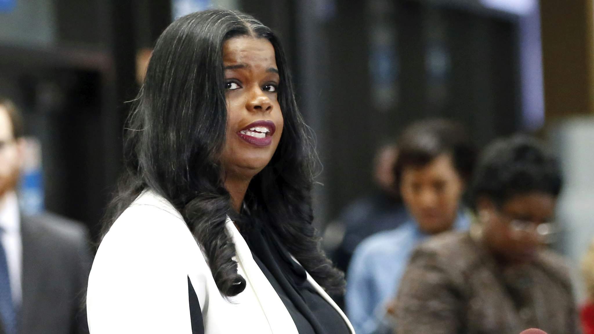 CHICAGO, IL - FEBRUARY 23: Cook County State's attorney Kim Foxx speaks with reporters and details the charges against R. Kelly's first court appearance at the Leighton Criminal Courthouse on February 23, 2019 in Chicago, Illinois.