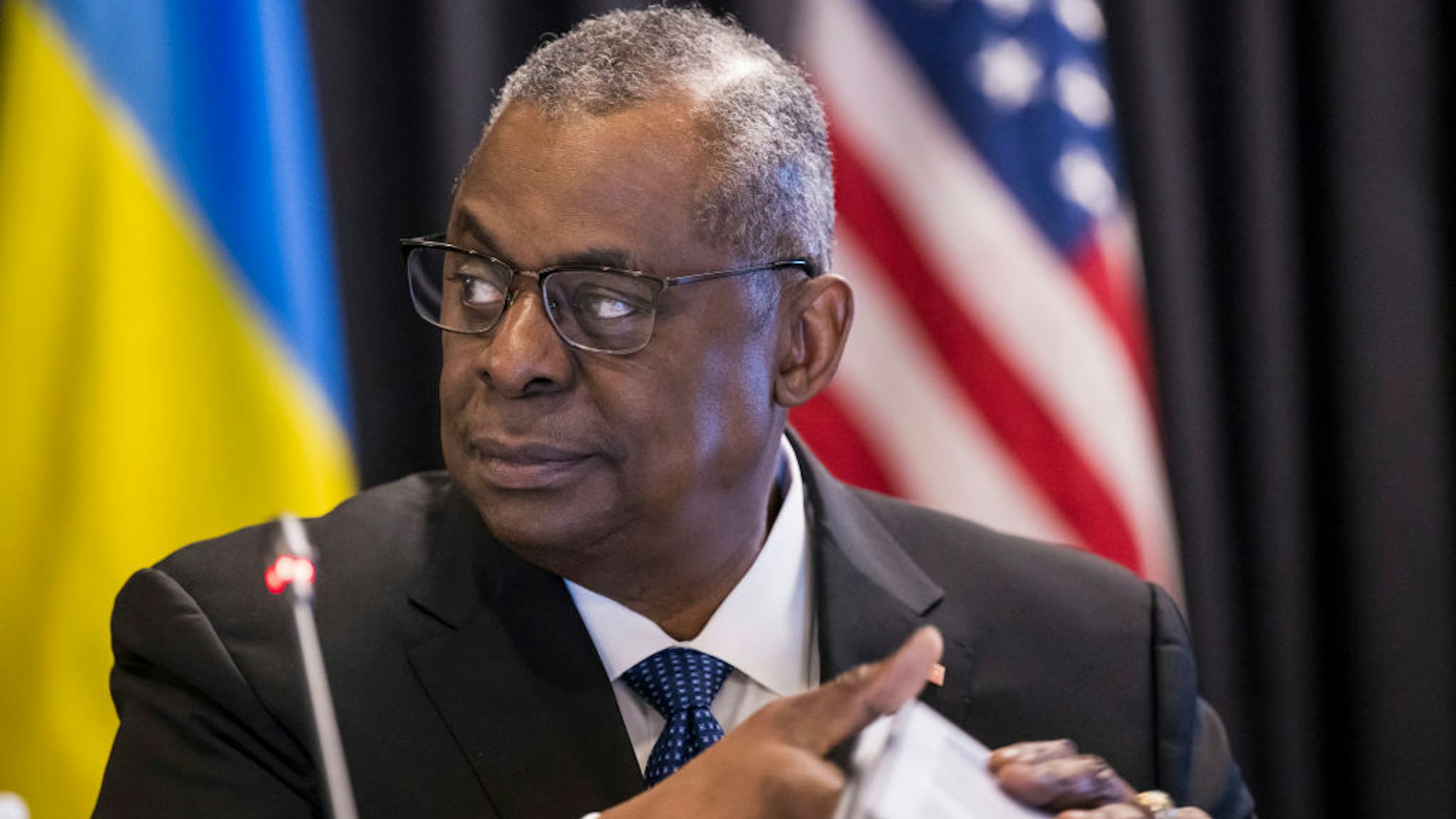 U.S. Secretary of Defence Lloyd Austin attends a meeting of the Ukraine Defence Contact Group at Ramstein Air Base on April 21, 2023 in Ramstein-Miesenbach, Germany. (Photo by Thomas Lohnes/Getty Images)