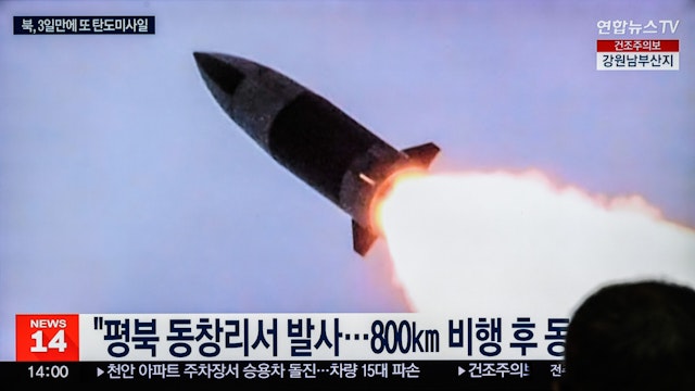 SEOUL, SOUTH KOREA - 2023/03/19: A TV screen at the Yongsan Railway Station in Seoul, shows file footage of North Korea's missile launch during a news program. North Korea fired a short-range ballistic missile (SRBM) towards the East Sea on March 19, South Korea's military said, in yet another provocation in apparent protest over an ongoing South Korea-U.S. military exercise. South Korea's military said it detected the launch from the Tongchang-ri area on the country's west coast at 11:05 am(KST). The area is home to the North's key long-range rocket launch site.