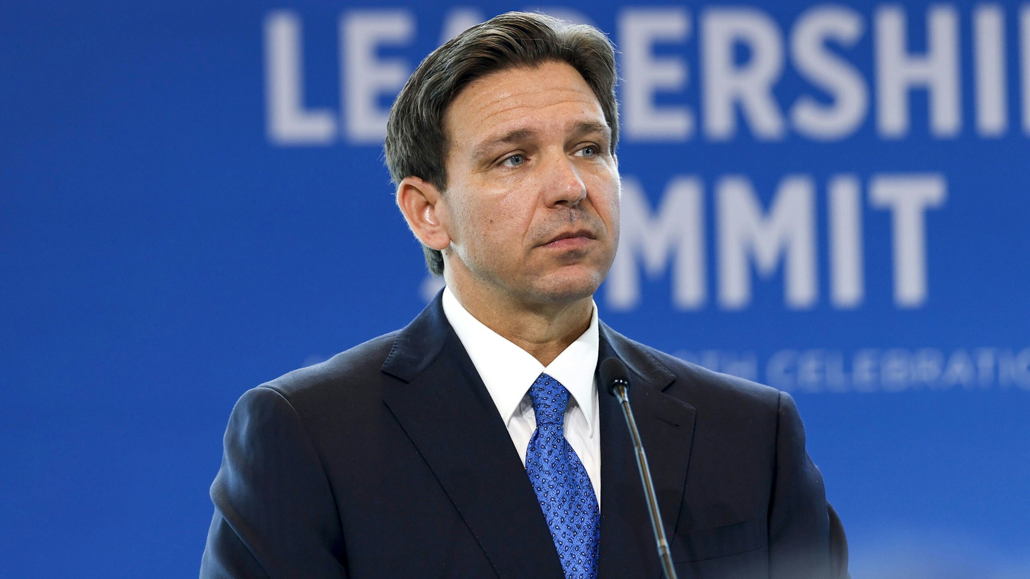 NATIONAL HARBOR, MARYLAND - APRIL 21: Florida Gov. Ron DeSantis gives remarks at the Heritage Foundation's 50th Anniversary Leadership Summit at the Gaylord National Resort &amp; Convention Center on April 21, 2023 in National Harbor, Maryland. During his remarks DeSantis spoke on policy and social issues his administration has taken on in the state of Florida including education in schools, funding law enforcement, and gun legislation.