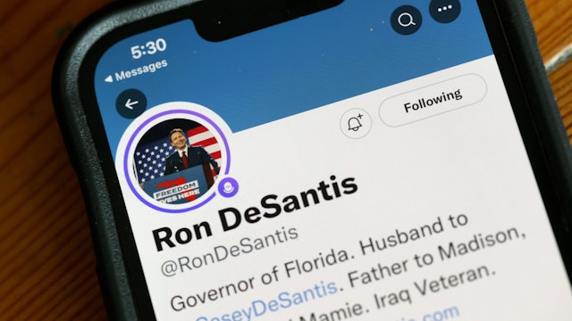 CHICAGO, ILLINOIS - MAY 24: In this photo illustration, Florida Gov. Ron DeSantis' Twitter profile page is shown on May 24, 2023 in Chicago, Illinois. DeSantis joined Elon Musk on Twitter Spaces to formally announce his run for the Republican nomination for president. The announcement was hampered by technical difficulties as more than a half million people signed on to listen.