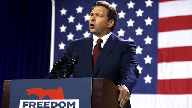 TAMPA, FL - NOVEMBER 08: Florida Gov. Ron DeSantis gives a victory speech after defeating Democratic gubernatorial candidate Rep. Charlie Crist during his election night watch party at the Tampa Convention Center on November 8, 2022 in Tampa, Florida. DeSantis was the projected winner by a double-digit lead.