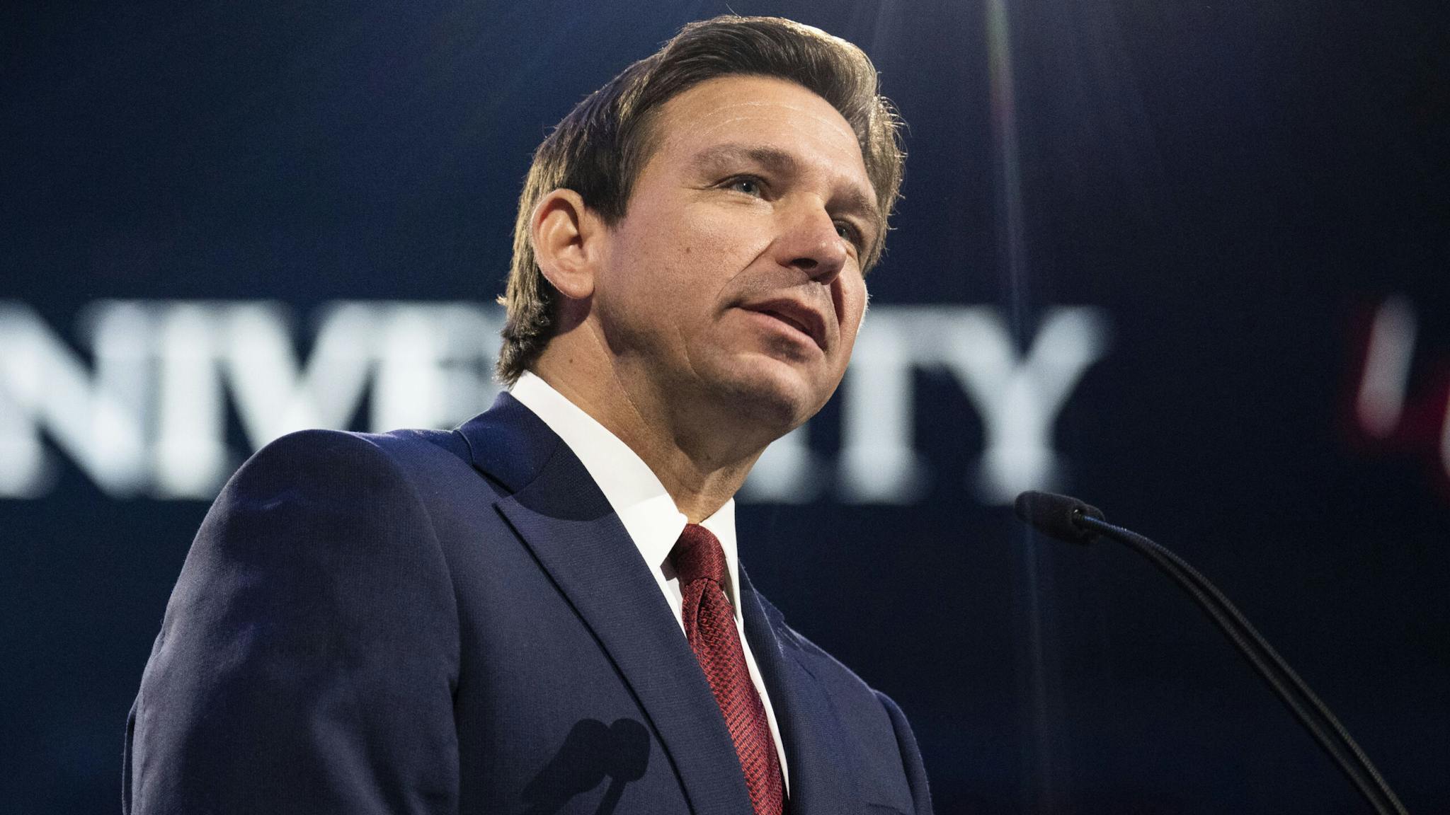 UNITED STATES - APRIL 14: Florida Gov. Ron DeSantis (R) speaks during a convocation at Liberty University's Vines Center in Lynchburg, Va., on Friday, April 14, 2023.