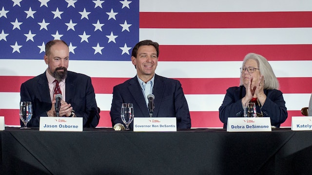 BEDFORD, NH - MAY, 19: Florida Gov. Ron DeSantis attended a policy round table discussion in Bedford, New Hampshire on Friday morning, May 19, 2023. He later stopped by the Red Arrow Diner, a traditional stop for presidential candidates visiting the surrounding Manchester area. 