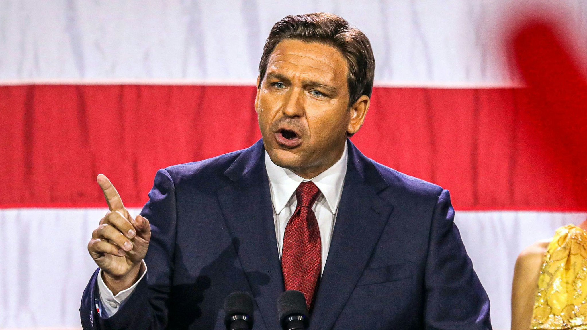 Republican gubernatorial candidate for Florida Ron DeSantis speaks during an election night watch party at the Convention Center in Tampa, Florida, on November 8, 2022. - Florida Governor Ron DeSantis, who has been tipped as a possible 2024 presidential candidate, was projected as one of the early winners of the night in the November 8 midterm election.