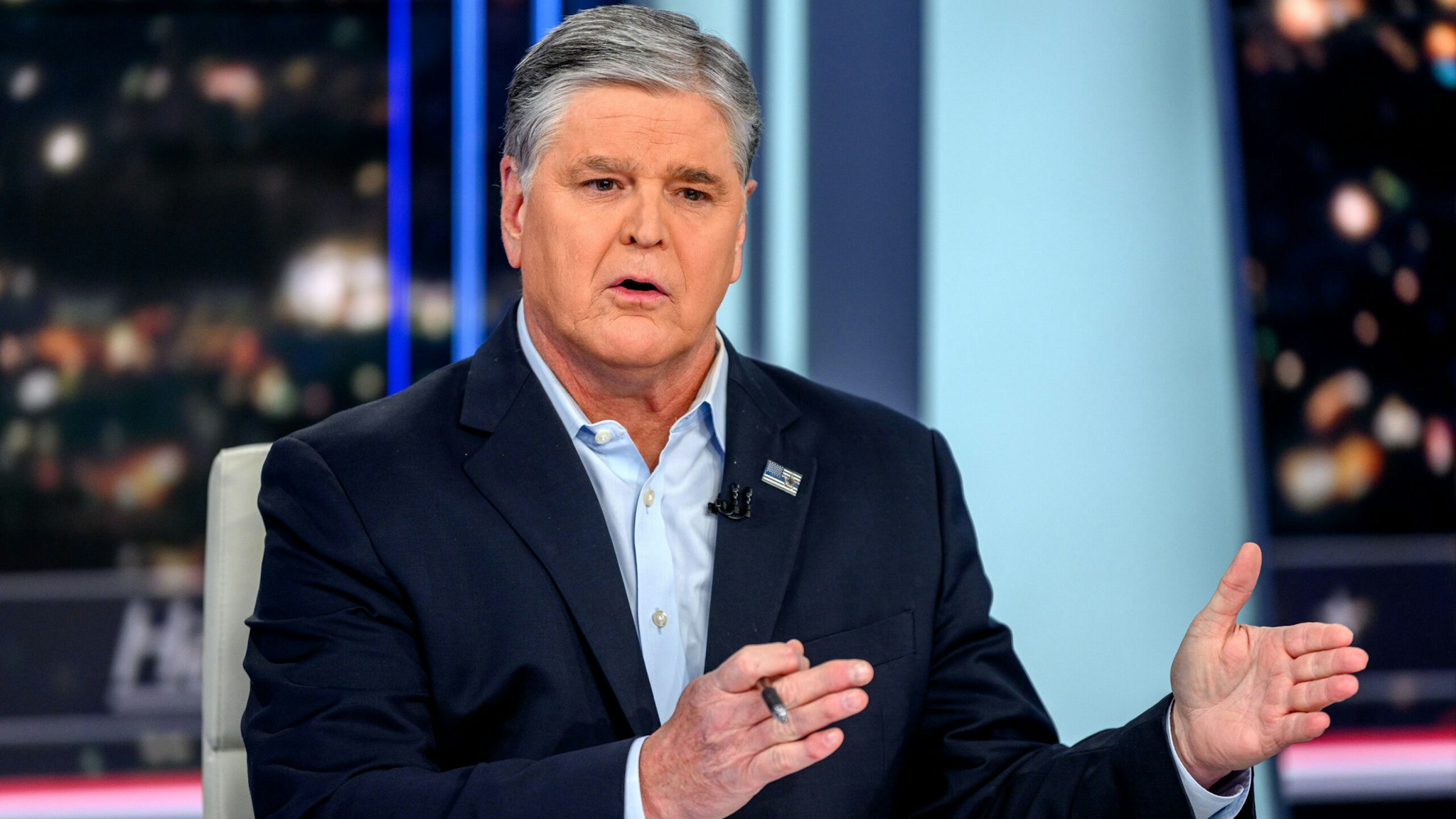 NEW YORK, NEW YORK - MARCH 15: Host Sean Hannity as Conor McGregor visits "Hannity" at Fox News Channel Studios on March 15, 2023 in New York City.