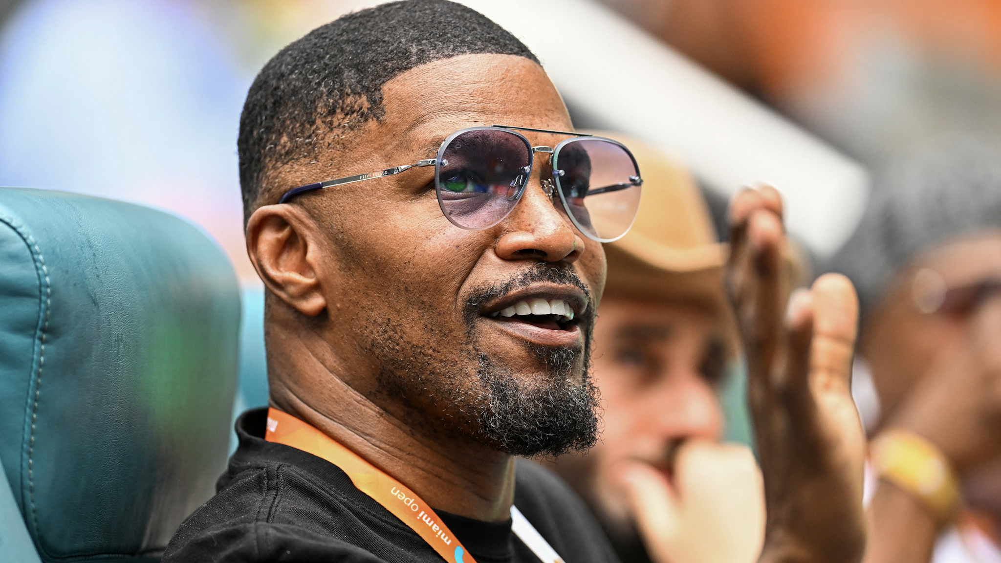US actor Jamie Foxx attends the mens quater-final match between Christopher Eubanks of the US and Daniil Medvedev of Russia at the 2023 Miami Open at Hard Rock Stadium in Miami Gardens, Florida, on March 30, 2023.