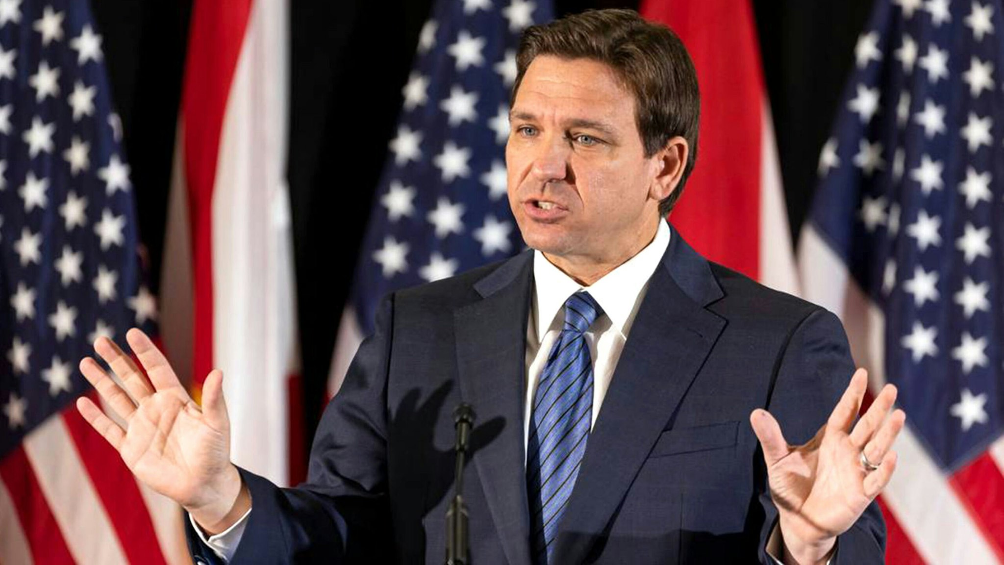 Florida Gov. Ron DeSantis during a press conference at Christopher Columbus High School on Monday, March 27, 2023, in Miami. The Republican almost won the Democratic stronghold in 2022, and he&apos;s picked Miami for his first donor event after announcing his 2024 presidential run.