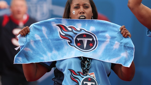 A Tennessee Titans fan during the NFL Draft Red Carpet event on April 27, 2023 at Union Station in Kansas City, MO.
