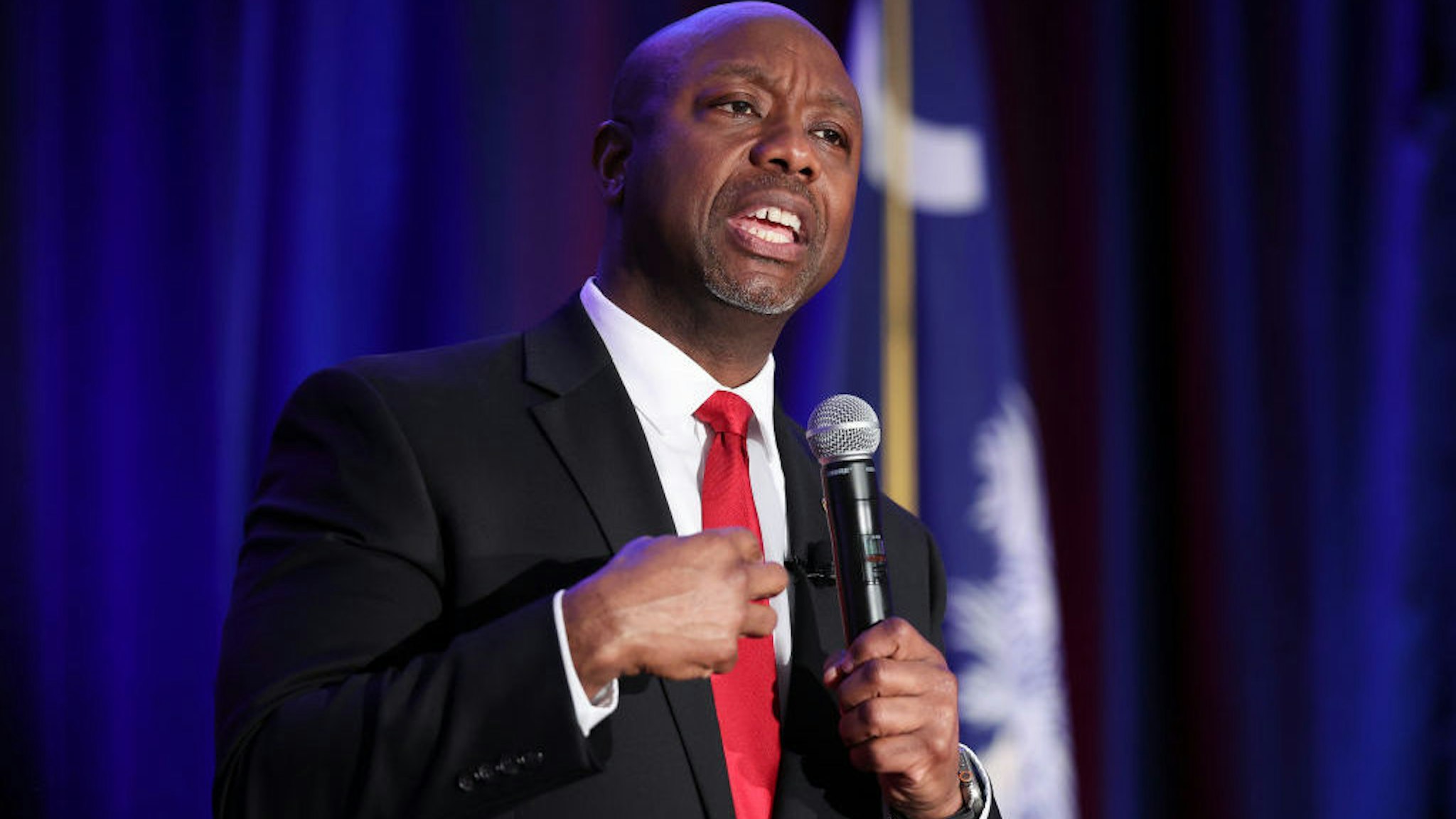 CHARLESTON, SOUTH CAROLINA - FEBRUARY 16: Sen. Tim Scott (R-SC) delivers remarks at the Charleston County Republican Party’s Black History Month Banquet February 16, 2023 in Charleston, South Carolina. Scott spoke about growing up in South Carolina during his remarks. (Photo by Win McNamee/Getty Images)