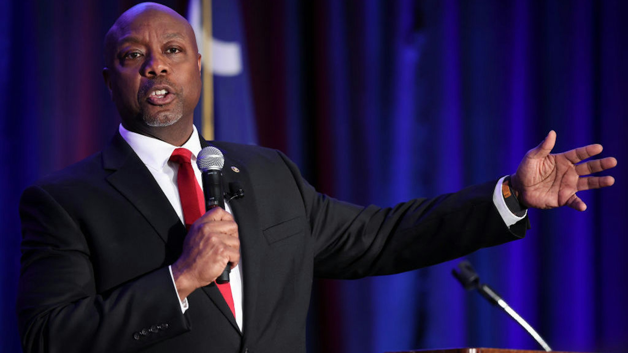 CHARLESTON, SOUTH CAROLINA - FEBRUARY 16: Sen. Tim Scott (R-SC) delivers remarks at the Charleston County Republican Party’s Black History Month Banquet February 16, 2023 in Charleston, South Carolina. Scott spoke about growing up in South Carolina during his remarks. (Photo by Win McNamee/Getty Images)