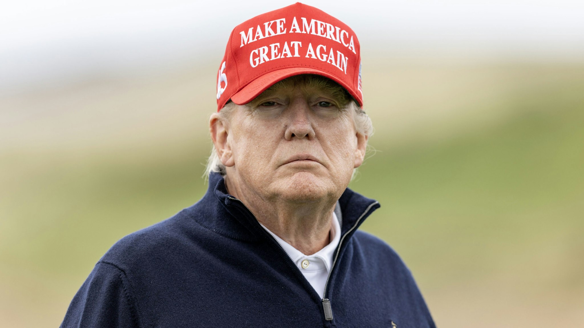 TURNBERRY, SCOTLAND - MAY 02: Former U.S. President Donald Trump during a round of golf at his Turnberry course on May 2, 2023 in Turnberry, Scotland. Former U.S. President Donald Trump is visiting his golf courses in Scotland and Ireland. Back in the United States, he faces legal action on 34 counts of falsifying business records.