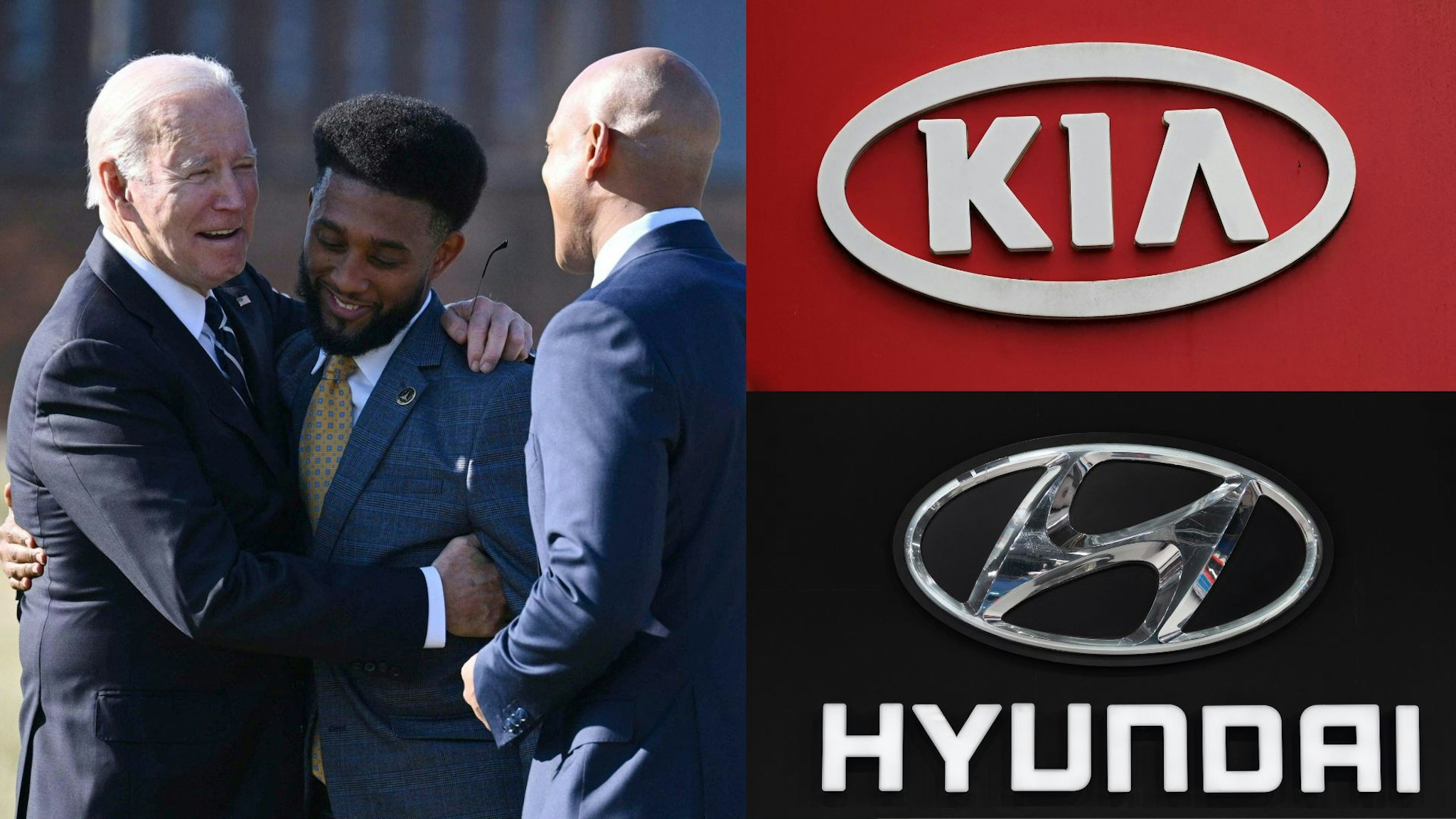 BARCELONA, SPAIN - MAY 12: Car Hyundai logo is seen at the Automobile Barcelona International Motor Show in Barcelona, Spain on May 12, 2023. US President Joe Biden (L) is greeted by Baltimore Mayor Brandon Scott (C) and Maryland Governor Wes Moore (R) upon arrival at Fort McHenry in Baltimore, Maryland on January 30, 2023. - Biden is in Baltimore to highlight funding from the infrastructure law. A picture taken on May 11, 2023 shows the logo of Korean automobile manufacturer KIA Motors Corporation near Lille, northern France.