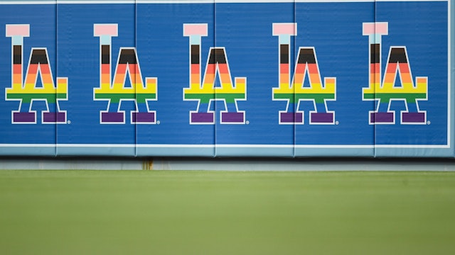 LOS ANGELES, CA - JUNE 03: Dodgers logo singage changed for LGBTQ+ Pride Night during the MLB game between the New York Mets and the Los Angeles Dodgers on June 3, 2022 at Dodger Stadium in Los Angeles, CA.