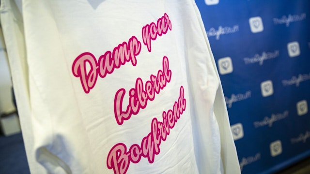 A jacket for sale at the The Right Stuff dating app booth during the Conservative Political Action Conference (CPAC) in National Harbor, Maryland, US, on Saturday, March 4, 2023.