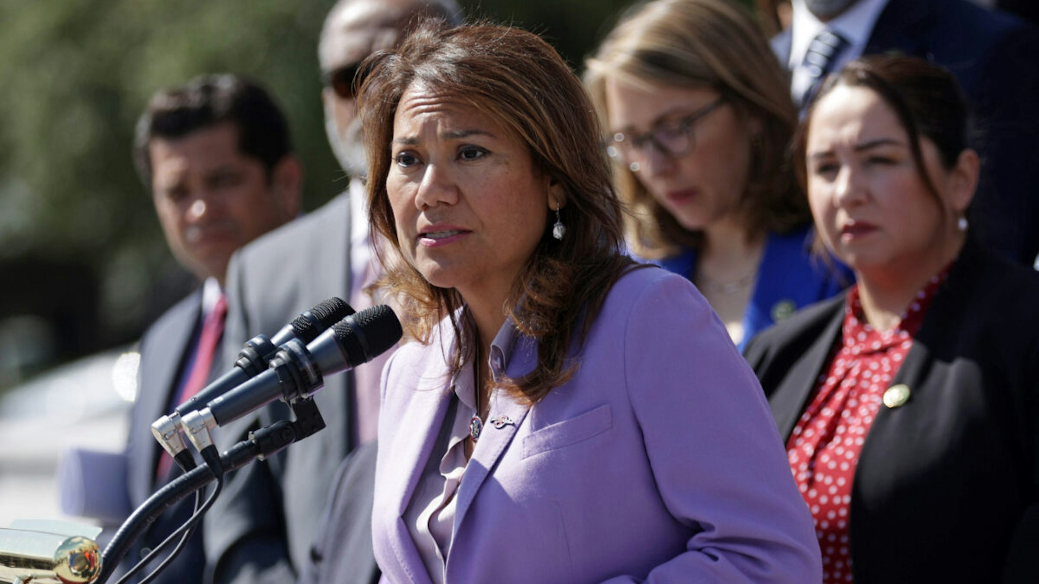 U.S. Rep. Veronica Escobar (D-TX) speaks as House Democrats gather for an event on gun violence at the East Front of the U.S. Capitol on March 29, 2023 in Washington, DC.