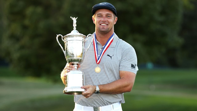 MAMARONECK, NEW YORK - SEPTEMBER 20: Bryson DeChambeau of the United States celebrates with the championship trophy after winning the 120th U.S. Open Championship on September 20, 2020 at Winged Foot Golf Club in Mamaroneck, New York.