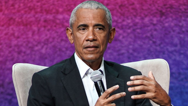 The former President of the United States of America Barack Obama participates in conversation with Andreas Drakopoulos as part of the SNF Nostos Conference 2023, in Athens, Greece, on June 22, 2023.