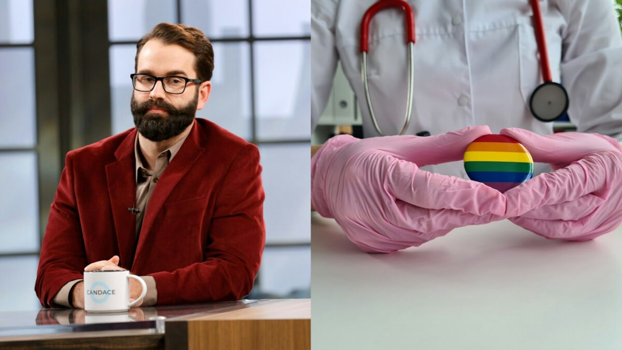 Matt Walsh is seen on set of "Candace" on March 31, 2021 in Nashville, Tennessee./Transgender LGBT symbol stethoscope with rainbow icon for rights and gender equality. Medical care insurance and doctor