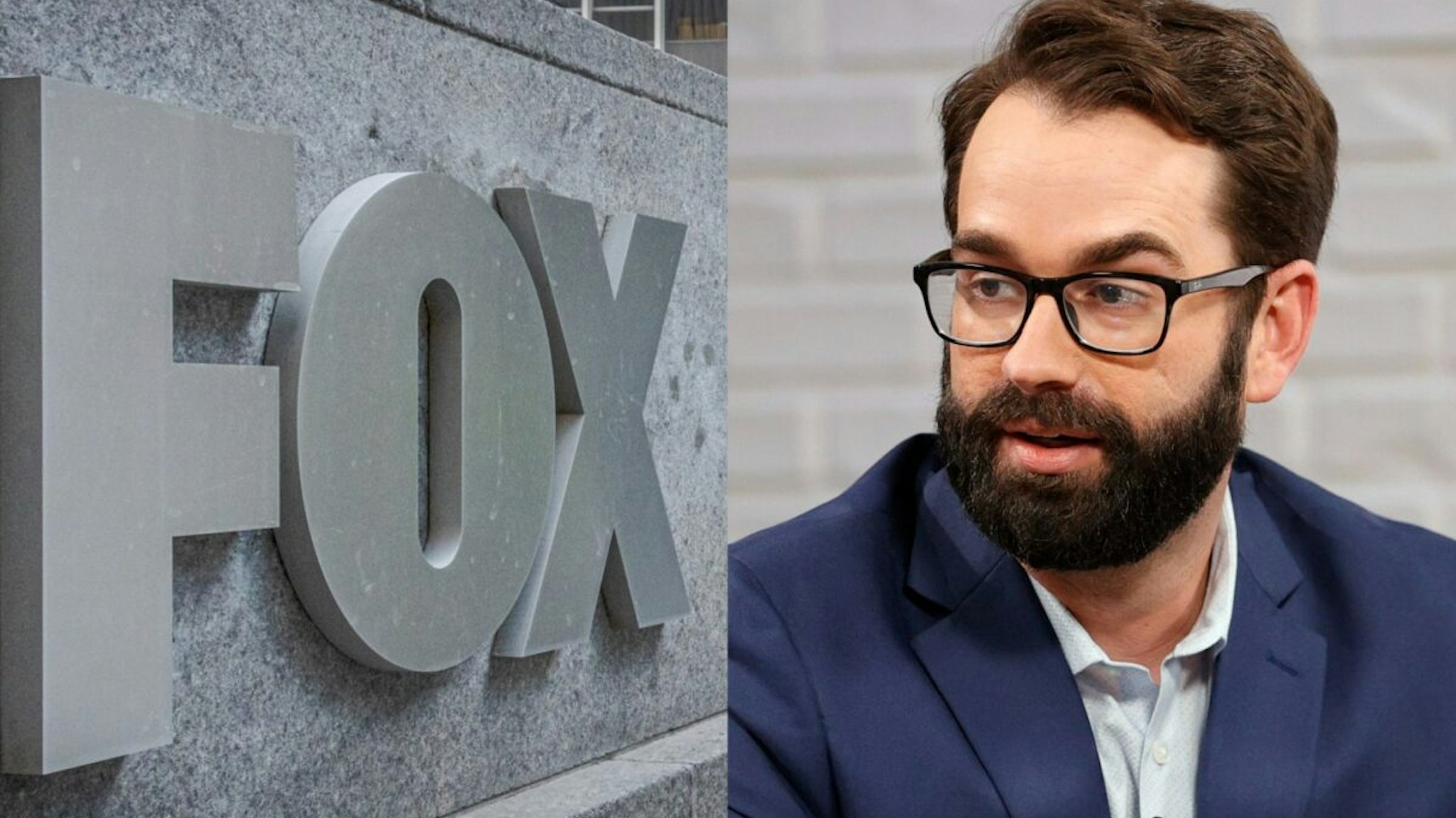 Plaque at the main entrance to the FOX News Headquarters at NewsCorp Building in Manhattan./ Matt Walsh visits the "Candace" Hosted By Candace Owens show on August 09, 2021 in Nashville, Tennessee. The show will air on Tuesday, August 10, 2021.