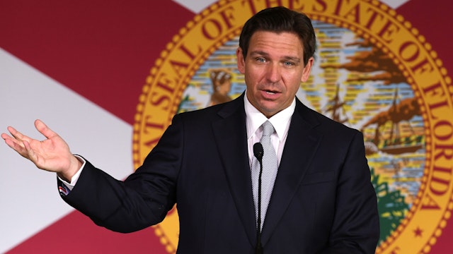 WILDWOOD, FLORIDA, UNITED STATES - JUNE 6: Republican presidential candidate Florida Gov. Ron DeSantis speaks during a press conference during which he signed a bill to protect the digital rights of Floridians, on June 6, 2023 in Wildwood, Florida.