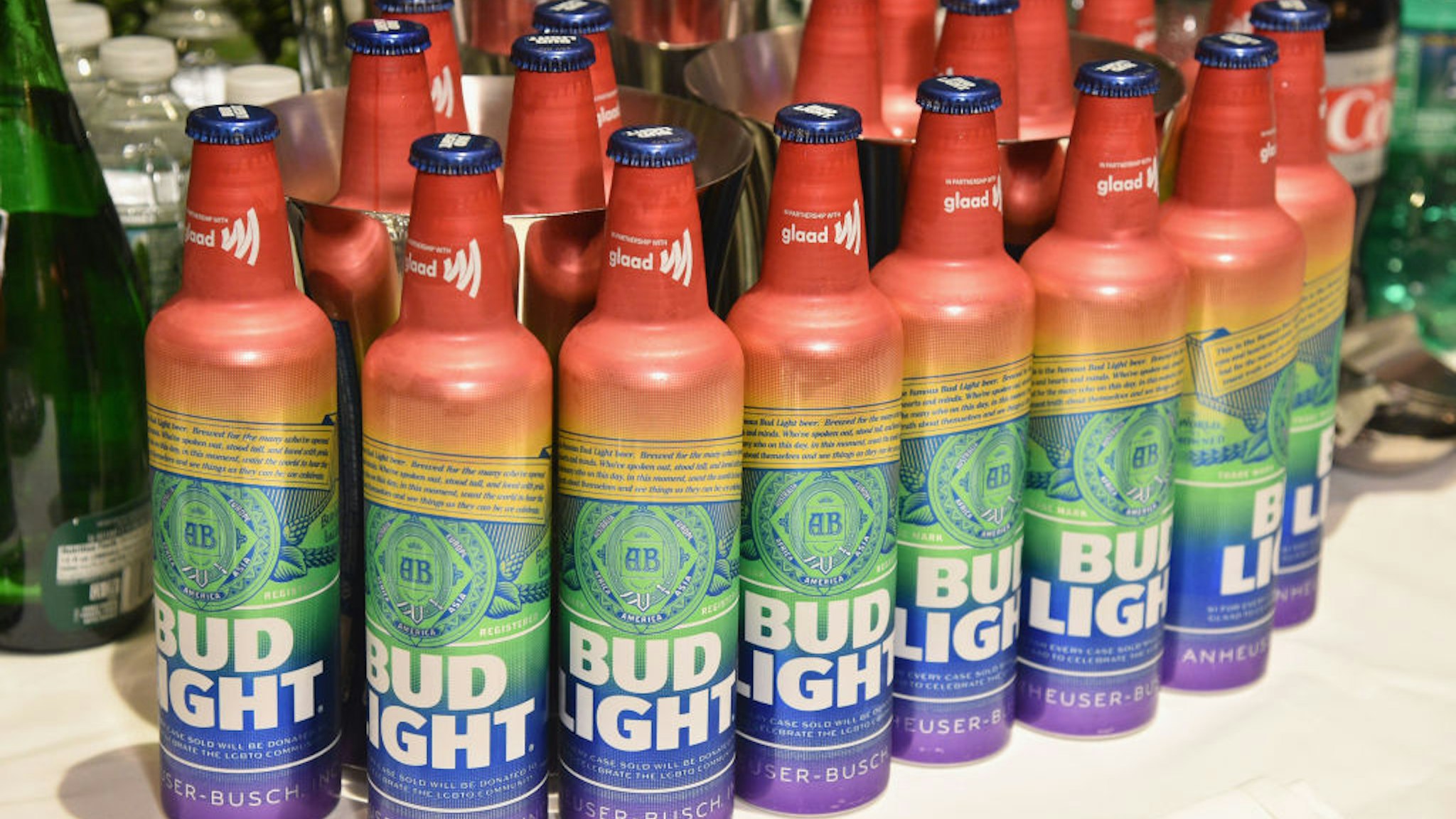 NEW YORK, NEW YORK - MAY 04: A view of rainbow bottles of Bud Light during the 30th Annual GLAAD Media Awards New York at New York Hilton Midtown on May 04, 2019 in New York City.