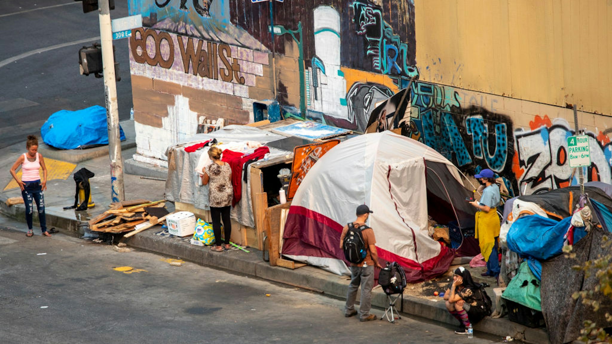 Los Angeles, CA - September 23: A view of a homeless encampment on Skid Row on Thursday, Sept. 23, 2021 in Los Angeles, CA. A federal appeals court on Thursday unanimously overturned a a judge's decision that would have required Los Angeles to offer some form of shelter or housing to the entire homeless population of skid row by October. (Allen J. Schaben / Los Angeles Times via Getty Images)