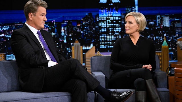 THE TONIGHT SHOW STARRING JIMMY FALLON -- Episode 1629 -- Pictured: (l-r) Political commentators Joe Scarborough and Mika Brzezinski during an interview on Monday, April 4, 2022 -- (Photo by: Todd Owyoung/NBC/NBCU Photo Bank via Getty Images)
