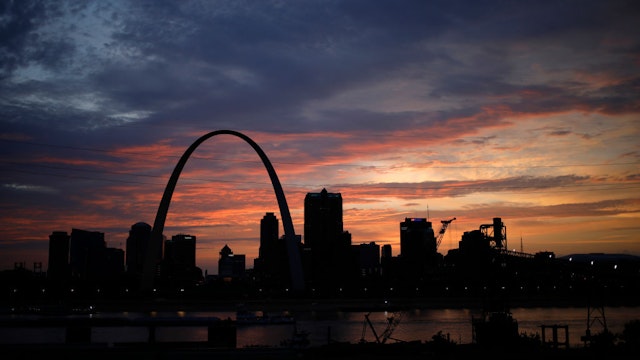 The St. Louis Gateway Arch along the Mississippi River at sunset in St. Louis, Missouri, US, on Thursday, July 7, 2022. Shipments along the Mississippi, Illinois, Ohio and Arkansas rivers declined in the week ending June 25 from the previous week, according to the USDA's weekly grain transportation report.