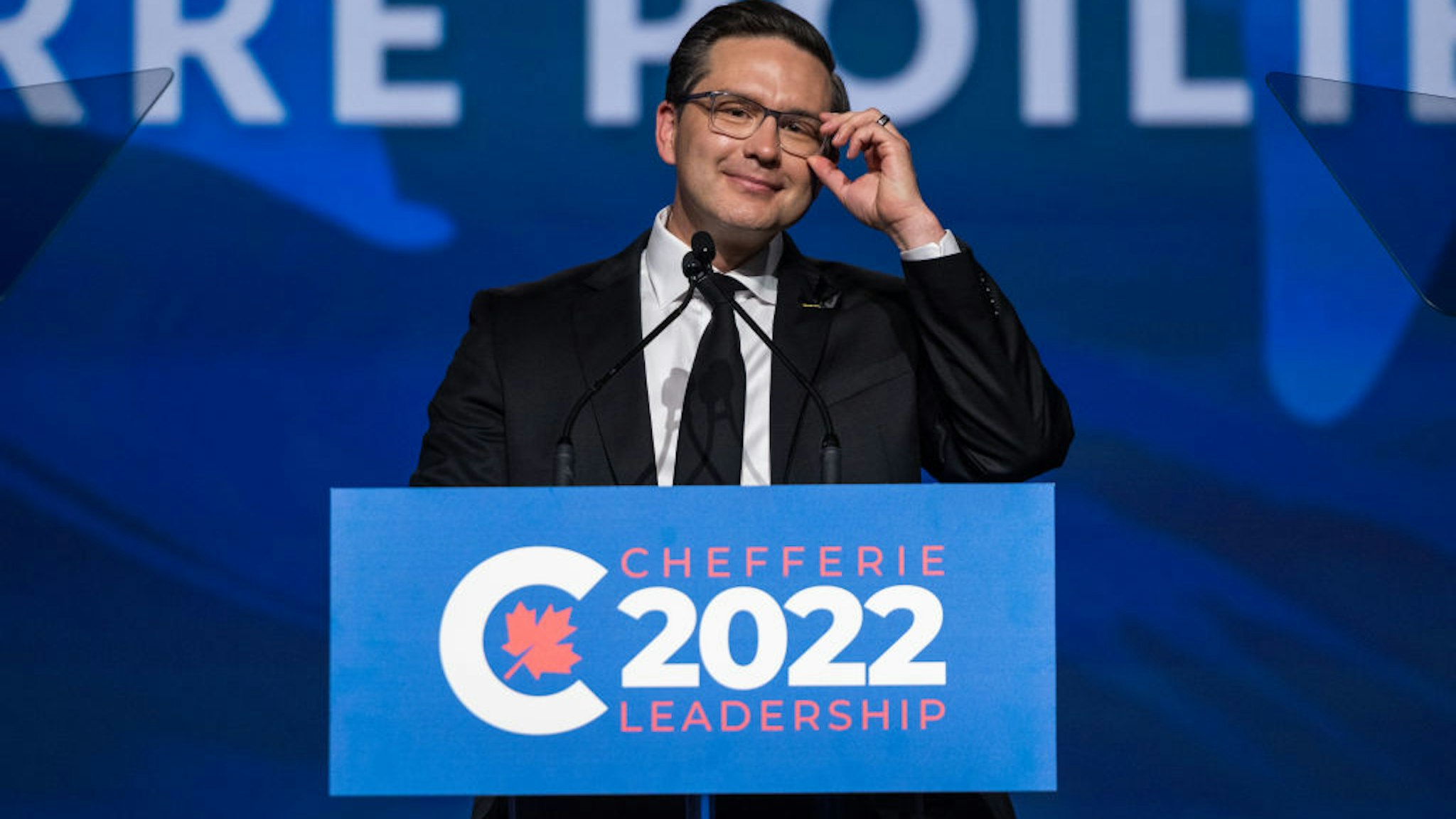 Pierre Poilievre, newly-elected leader of Canada's Conservative Party, speaks to the crowd after winning the leadership race during a Conservative Party of Canada leadership event at the Shaw Centre in Ottawa, Ontario, Canada, on Saturday, Sept. 10, 2022. Canadas opposition Conservatives elected 43-year-old firebrand Pierre Poilievre as the main rival to Prime Minister Justin Trudeau. Photographer: James Park/Bloomberg via Getty Images
