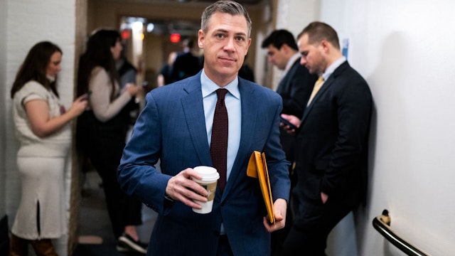 UNITED STATES - JANUARY 3: Rep. Jim Banks, R-Ind., is seen outside a meeting of the House Republican Conference in the U.S. Capitol on Tuesday, January 3, 2023.
