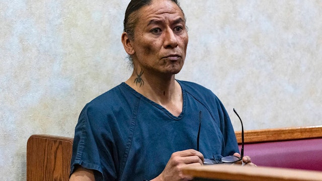 Nathan Chasing Horse, accused of sexually assaulting children for two decades, appears in court during his arraignment at North Las Vegas Justice Court, on Feb. 2, 2023.