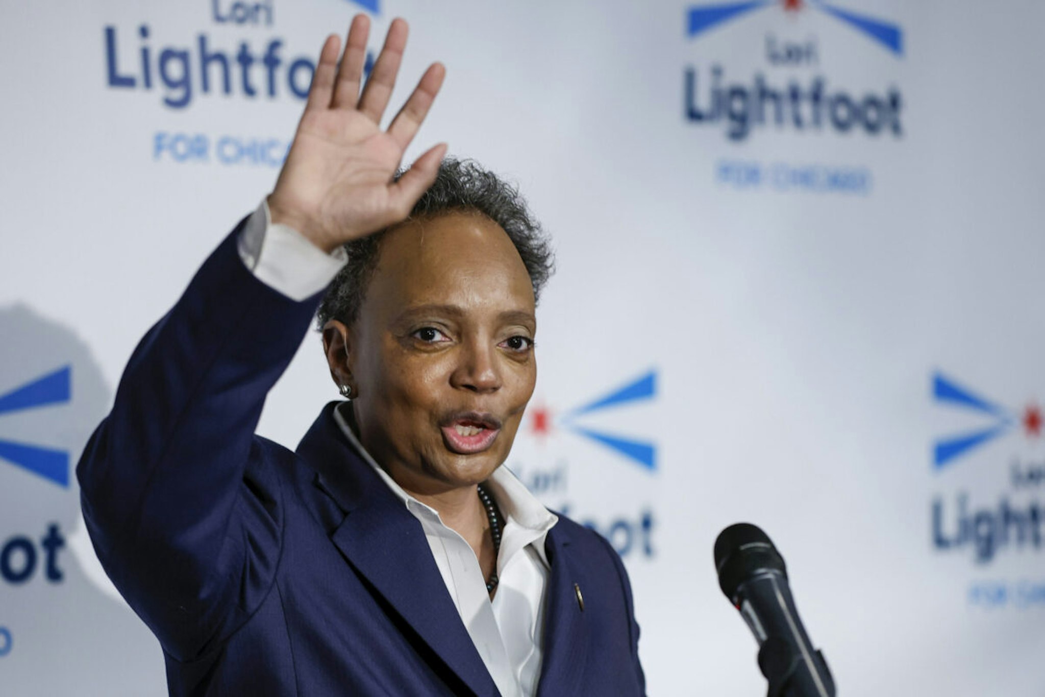 Chicago Mayor Lori Lightfoot speaks at an election night rally at Mid-America Carpenters Regional Council on February 28, 2023 in Chicago, Illinois.