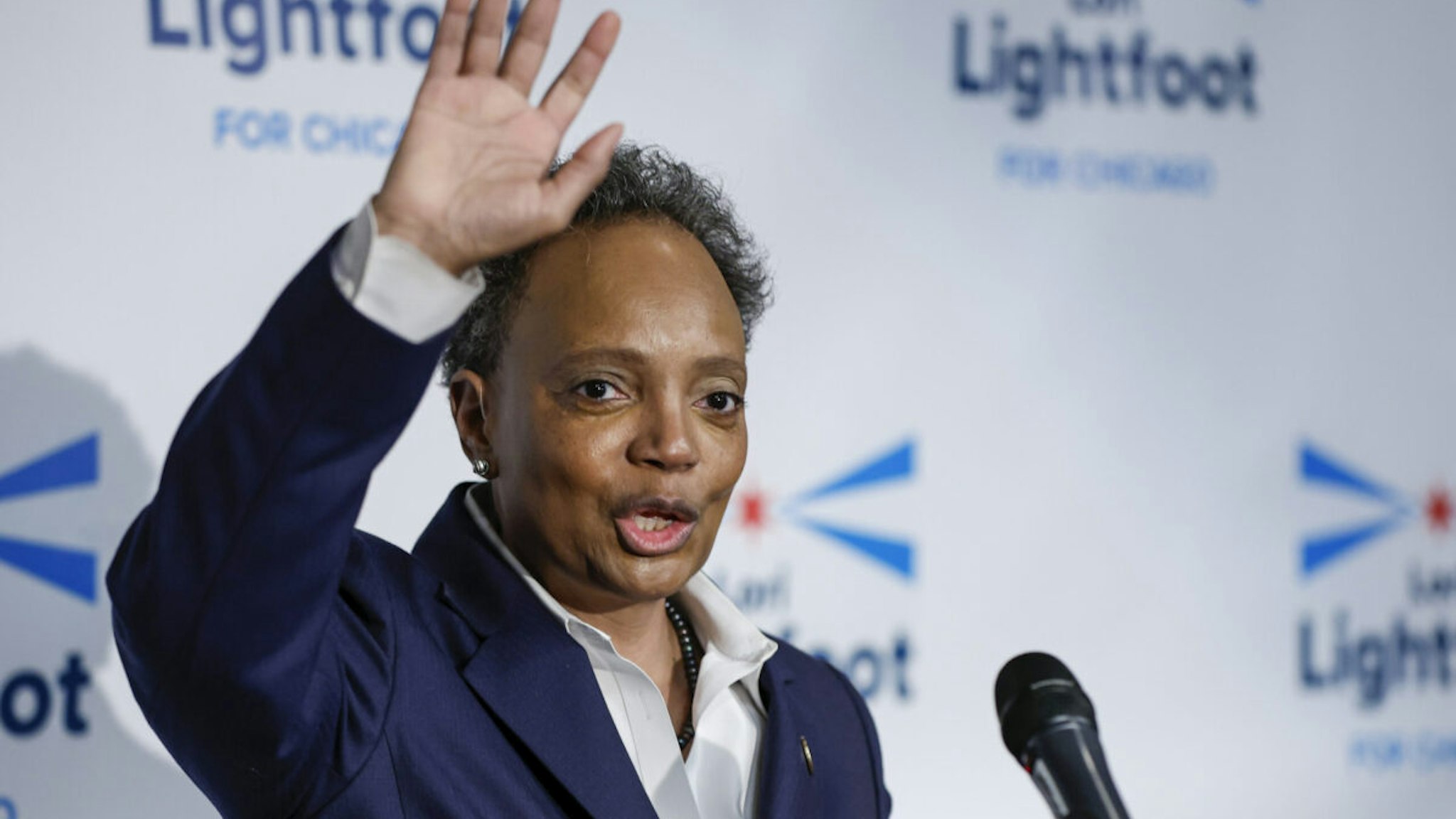 Chicago Mayor Lori Lightfoot speaks at an election night rally at Mid-America Carpenters Regional Council on February 28, 2023 in Chicago, Illinois.