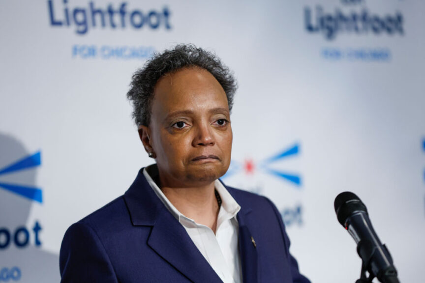 CHICAGO, IL - FEBRUARY 28: Chicago Mayor Lori Lightfoot speaks at an election night rally at Mid-America Carpenters Regional Council on February 28, 2023 in Chicago, Illinois. Lightfoot lost in her bid for a second term, trailing former public schools executive Paul Vallas and Brandon Johnson, a county board commissioner, both of whom advance to a runoff election on April 4. (Photo by Kamil Krzaczynski/Getty Images)