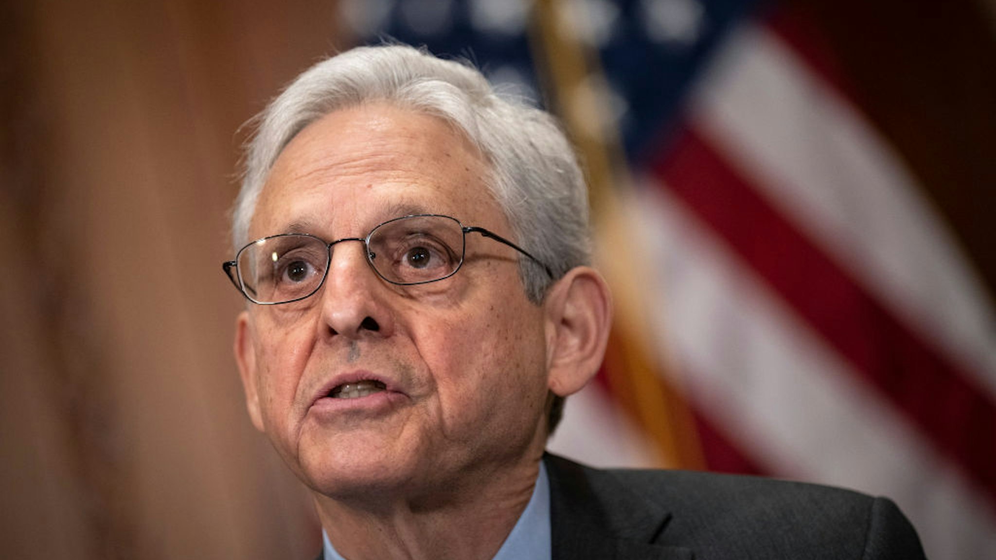 WASHINGTON, DC - APRIL 17: U.S. Attorney General Merrick Garland speaks during a meeting with Ukrainian Prosecutor General Andriy Kostin at the U.S. Department of Justice headquarters April 17, 2023 in Washington, DC. The two sides said they are discussing efforts to hold accountable those committing war crimes in Russia's invasion of Ukraine.