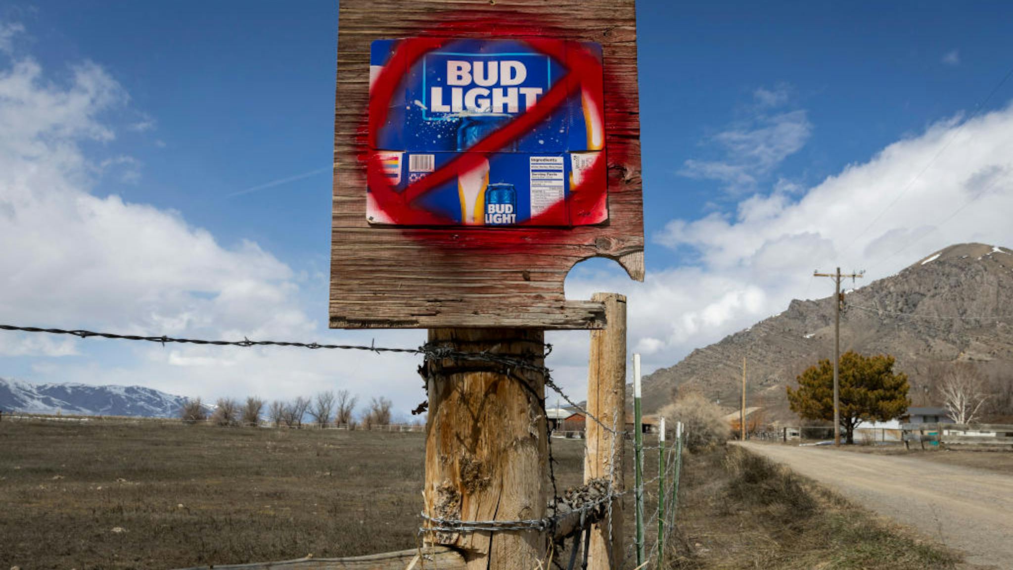 Bud Light Boycott Continues After Company Partnered With Transgender Influencer ARCO, ID - APRIL 21: A sign disparaging Bud Light beer is seen along a country road on April 21, 2023 in Arco, Idaho. Anheuser-Busch, the brewer of Bud Light has faced backlash after the company sponsored two Instagram posts from a transgender woman.(Photo by Natalie Behring/Getty Images)