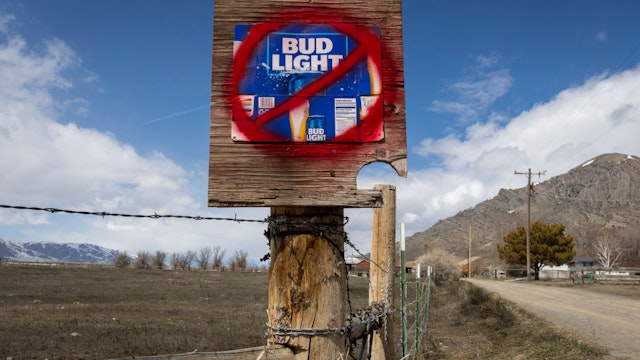 ARCO, ID - APRIL 21: A sign disparaging Bud Light beer is seen along a country road on April 21, 2023 in Arco, Idaho. Anheuser-Busch, the brewer of Bud Light has faced backlash after the company sponsored two Instagram posts from a transgender woman.(Photo by Natalie Behring/Getty Images)
