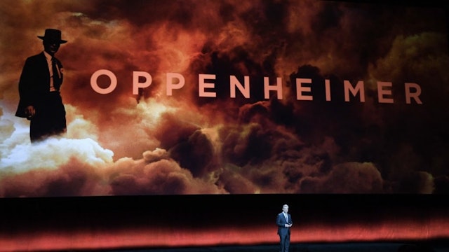 British director Christopher Nolan speaks on stage about his movie "Oppenheimer" during Universal Pictures and Focus Features presentation at CinemaCon 2023, the official convention of the National Association of Theatre Owners (NATO), at The Colosseum at Caesars Palace on April 26, 2023 in Las Vegas, Nevada.