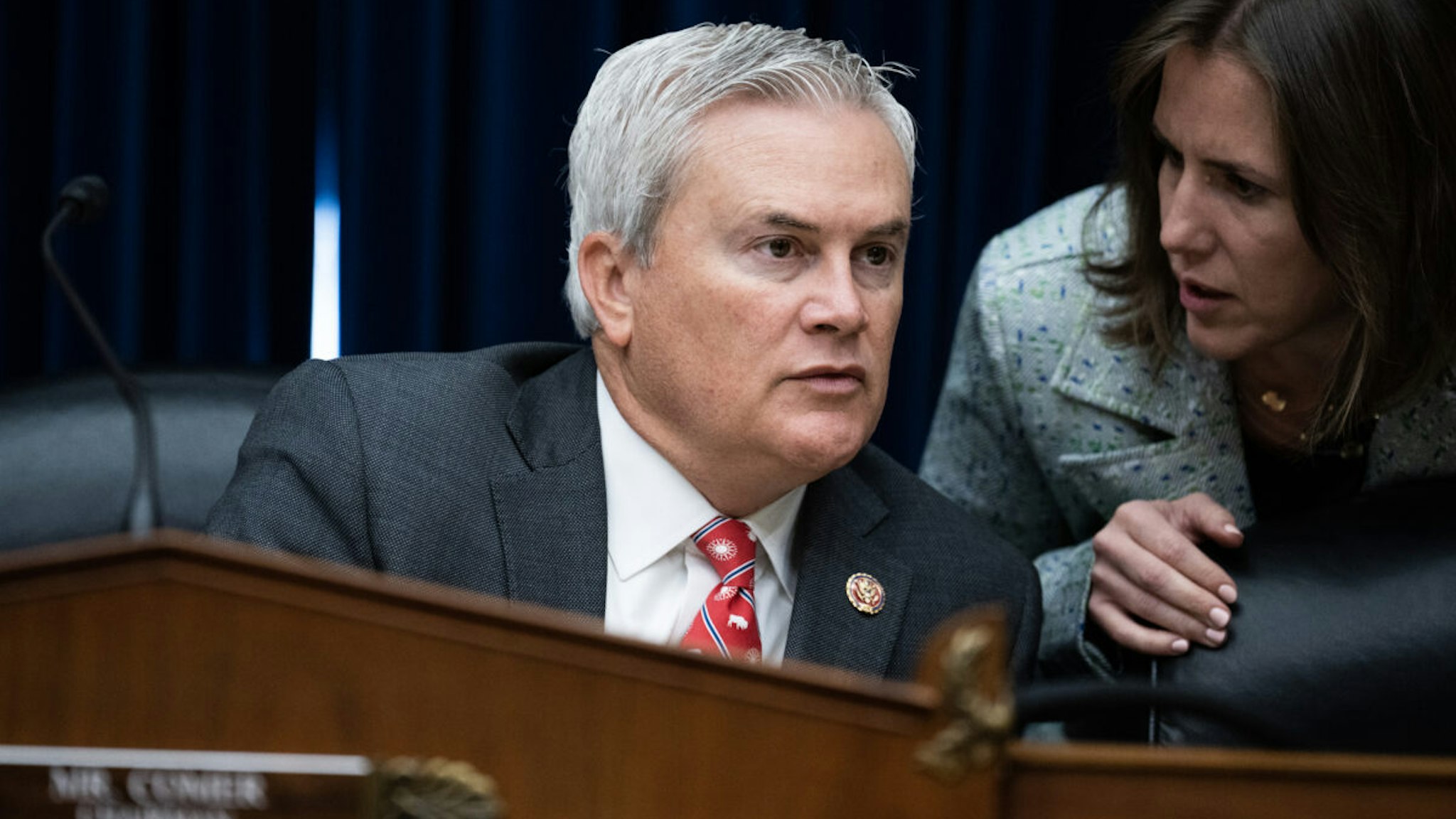 Chairman James Comer, R-Ky., talks with an aide during the House Oversight and Accountability Committee hearing titled "Overdue Oversight of the Capital City: Part II," in Rayburn Building on Tuesday, May 16, 2023.