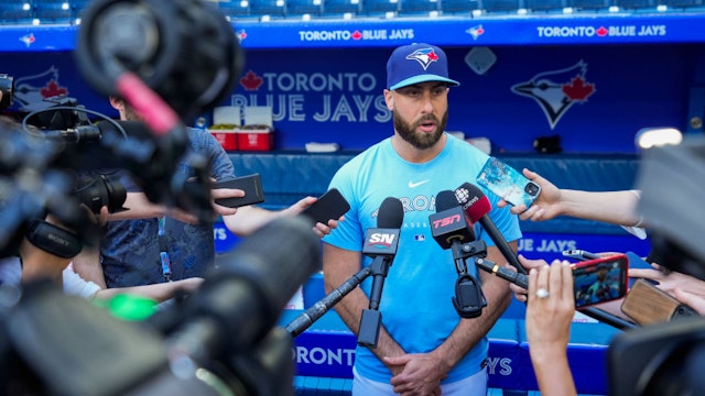 TORONTO, ON - MAY 30: Anthony Bass #52 of the Toronto Blue Jays makes a statement to the media before playing the Milwaukee Brewers in their MLB game at the Rogers Centre on May 30, 2023 in Toronto, Ontario, Canada.