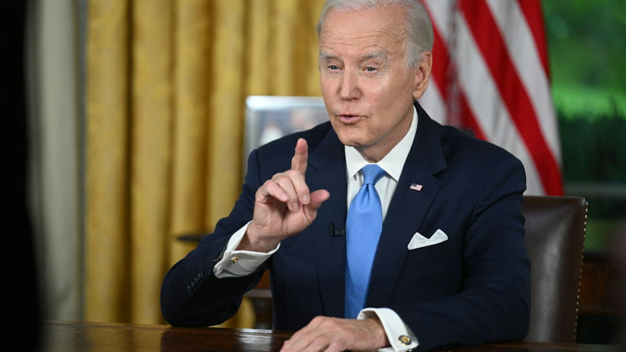 WASHINGTON, DC - JUNE 02: President Joe Biden addresses the nation on averting default and the Bipartisan Budget Agreement in the Oval Office of the White House on June 2, 2023 in Washington, DC.