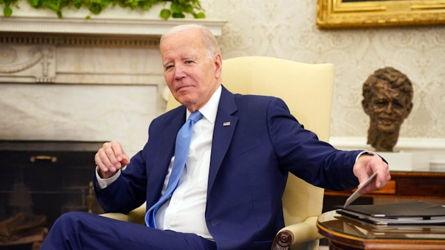 US President Joe Biden during a bilateral meeting with UK Prime Minister Rishi Sunak in the Oval Office at the White House on June 8, 2023 in Washington, DC.