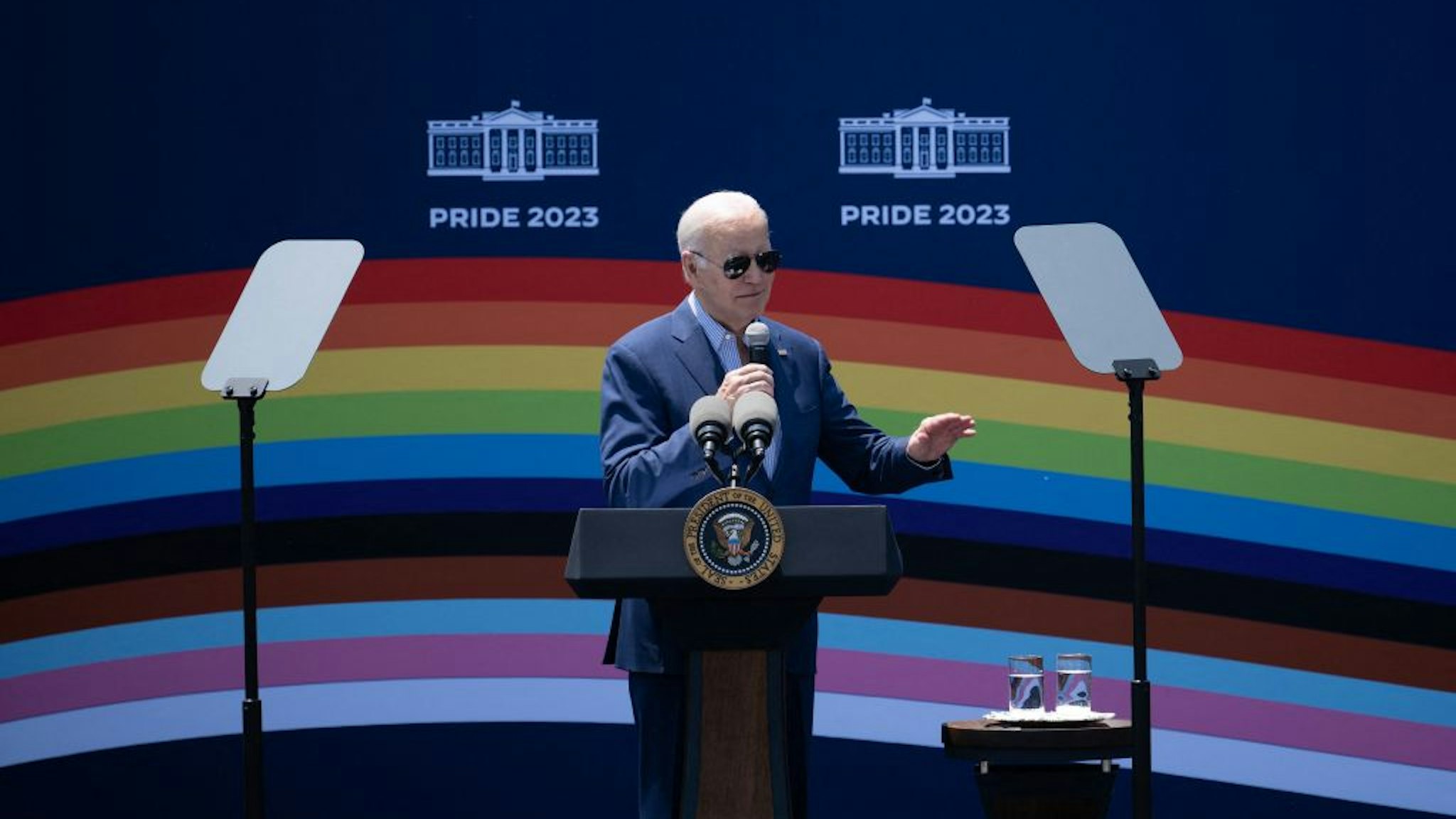 US President Joe Biden speaks during a Pride celebration on the South Lawn of the White House in Washington, DC, on June 10, 2023. (Photo by Brendan Smialowski / AFP)