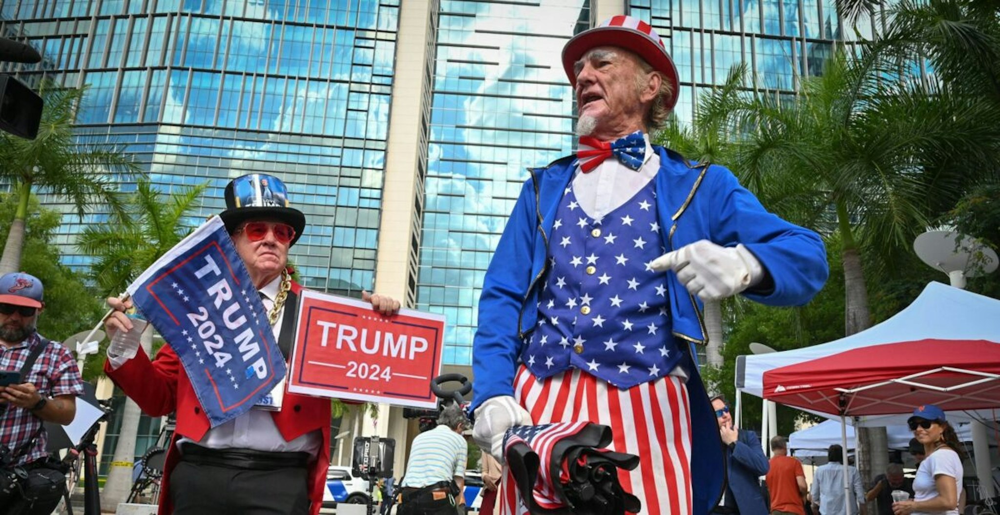 Trump supporters show their support in front of the Wilkie D. Ferguson Jr. United States Courthouse before the arraignment of former President Donald Trump in Miami, Florida on June 13, 2023.