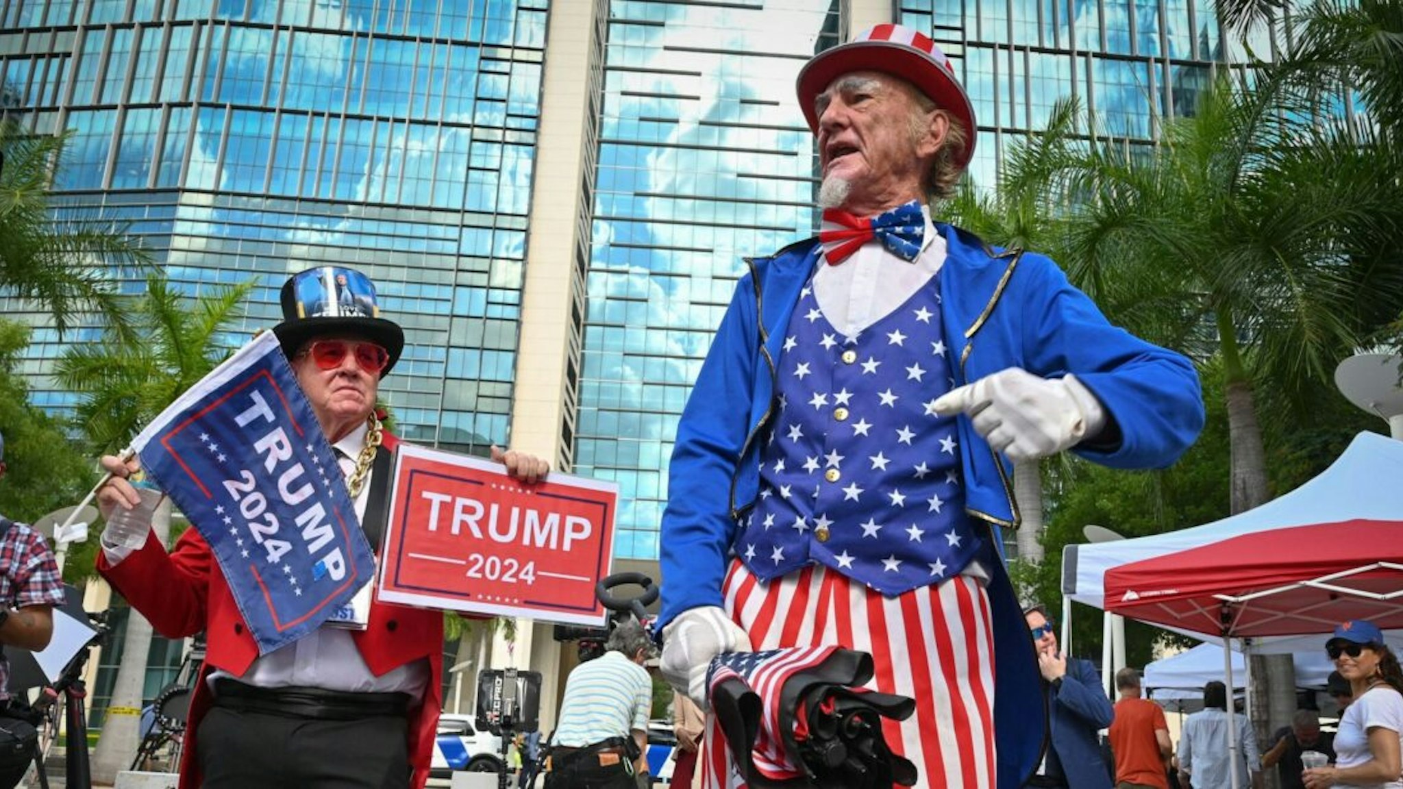 Trump supporters show their support in front of the Wilkie D. Ferguson Jr. United States Courthouse before the arraignment of former President Donald Trump in Miami, Florida on June 13, 2023.