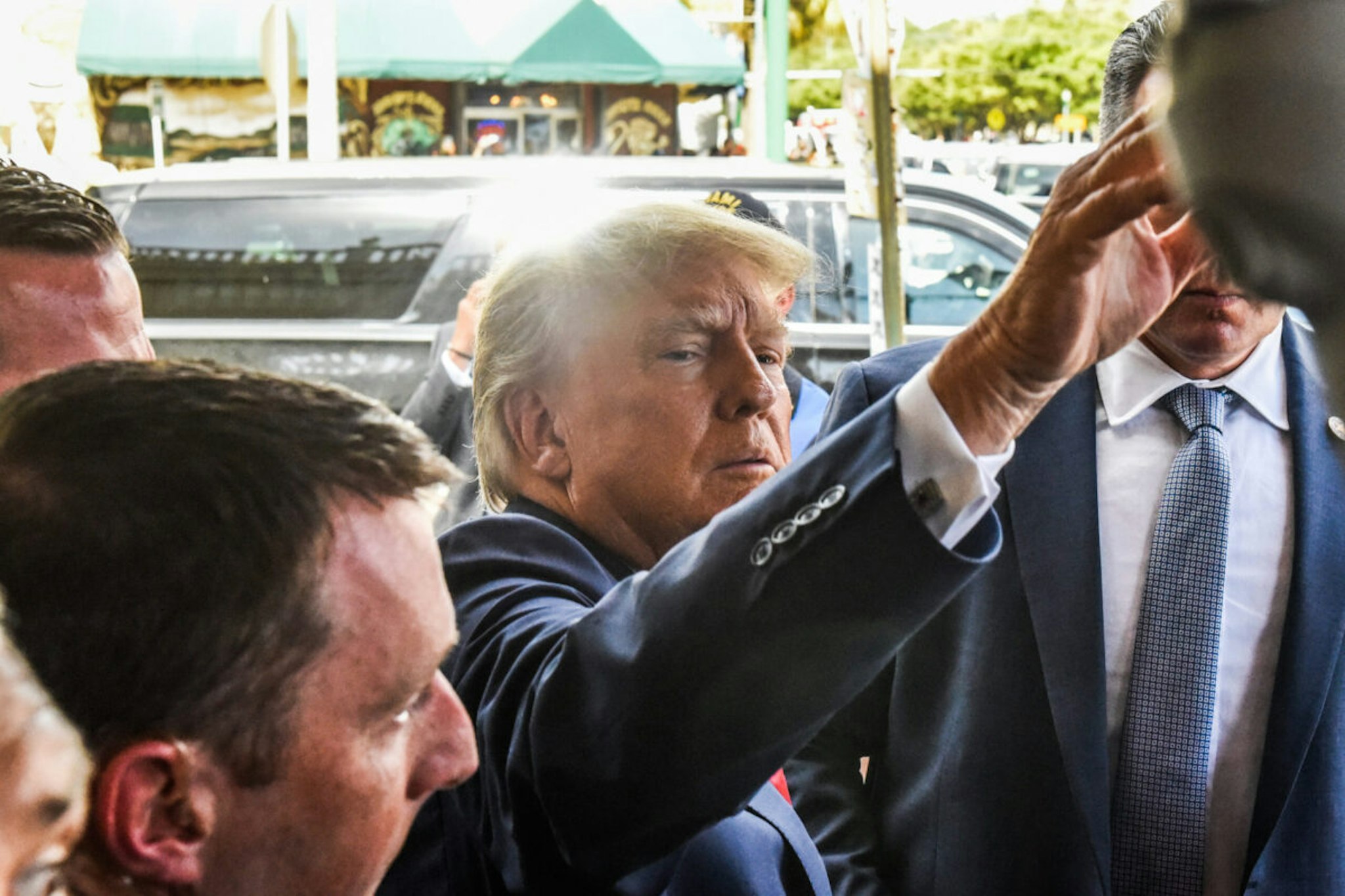 Former U.S. President Donald Trump visits the Versailles restaurant in the Little Havana neighborhood after being arraigned at the Wilkie D. Ferguson Jr. United States Federal Courthouse on June 13, 2023 in Miami, Florida.