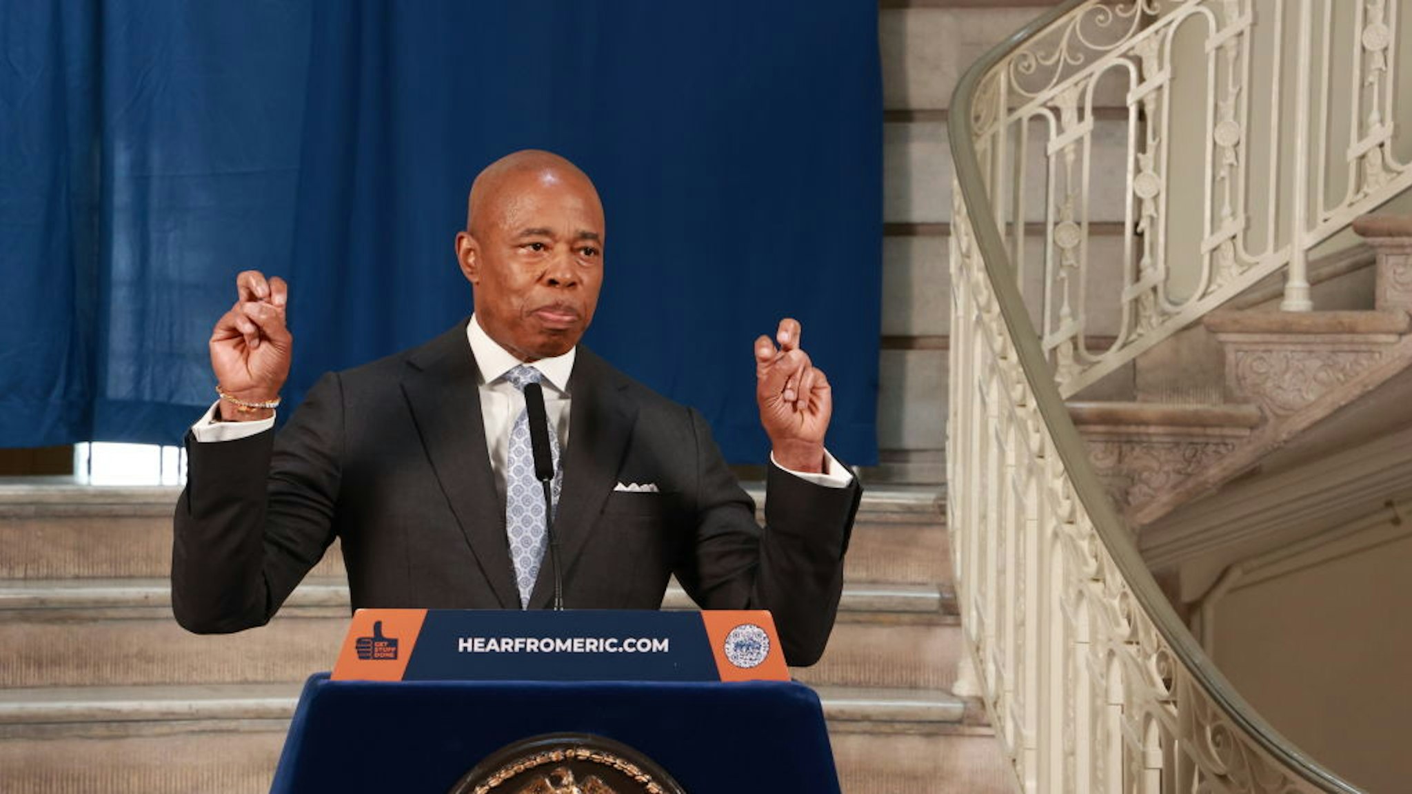 MANHATTAN - NY - June 13, 2023 - New York City Mayor Eric Adams is pictured during press conference at City Hall Rotunda Tuesday afternoon. During the press conference the Mayor announced a contract agreement with UFT.