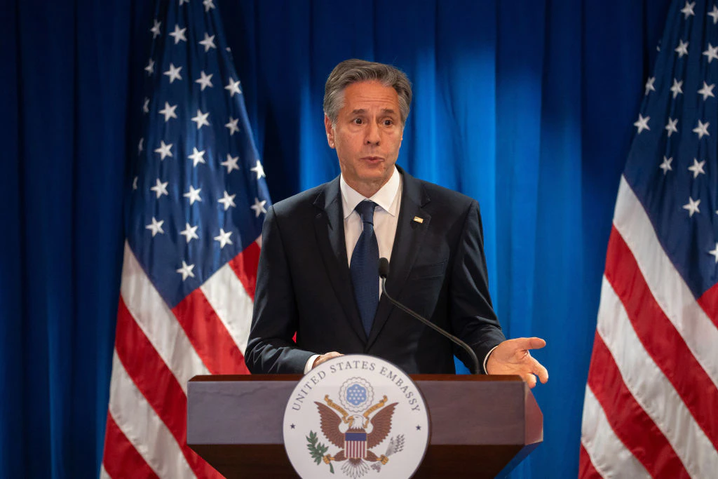 Antony Blinken, US secretary of state, speaks during a news conference in Beijing, China, on Monday, June 19, 2023. Blinken said the US-China relationship had taken a "positive step" forward during his two-day trip to Beijing, putting ties between the world's largest economies on more stable footing. Photographer: Andrea Verdelli/Bloomberg via Getty Images