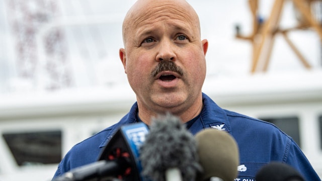 US Coast Gurad Captain Jamie Frederick speaks during a press conference about the search efforts for the submersible that went missing near the wreck of the Titanic, at Coast Guard Base in Boston, Massachusetts, on June 20, 2023.
